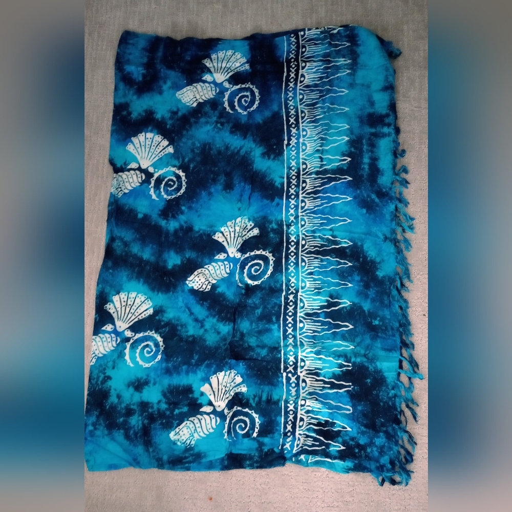 Blue Tie-Dye Sarong with Shell Design, NEW